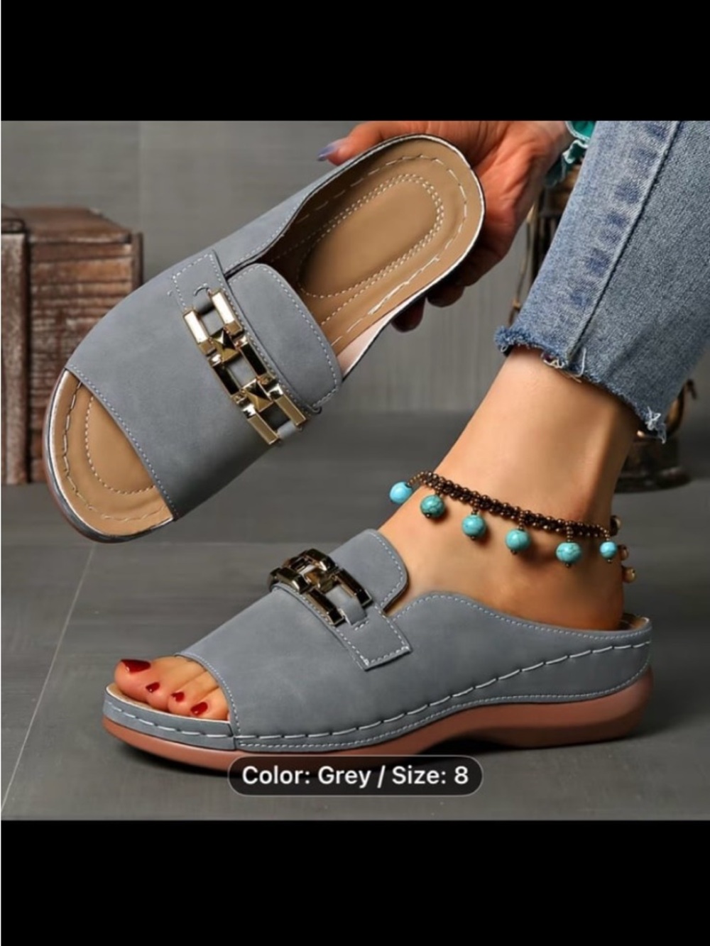 New! Women Gray Wedge Sandals. Metal Chain Detail. Casual Open-toe Platform. (8)